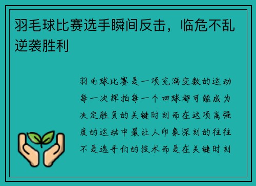 羽毛球比赛选手瞬间反击，临危不乱逆袭胜利